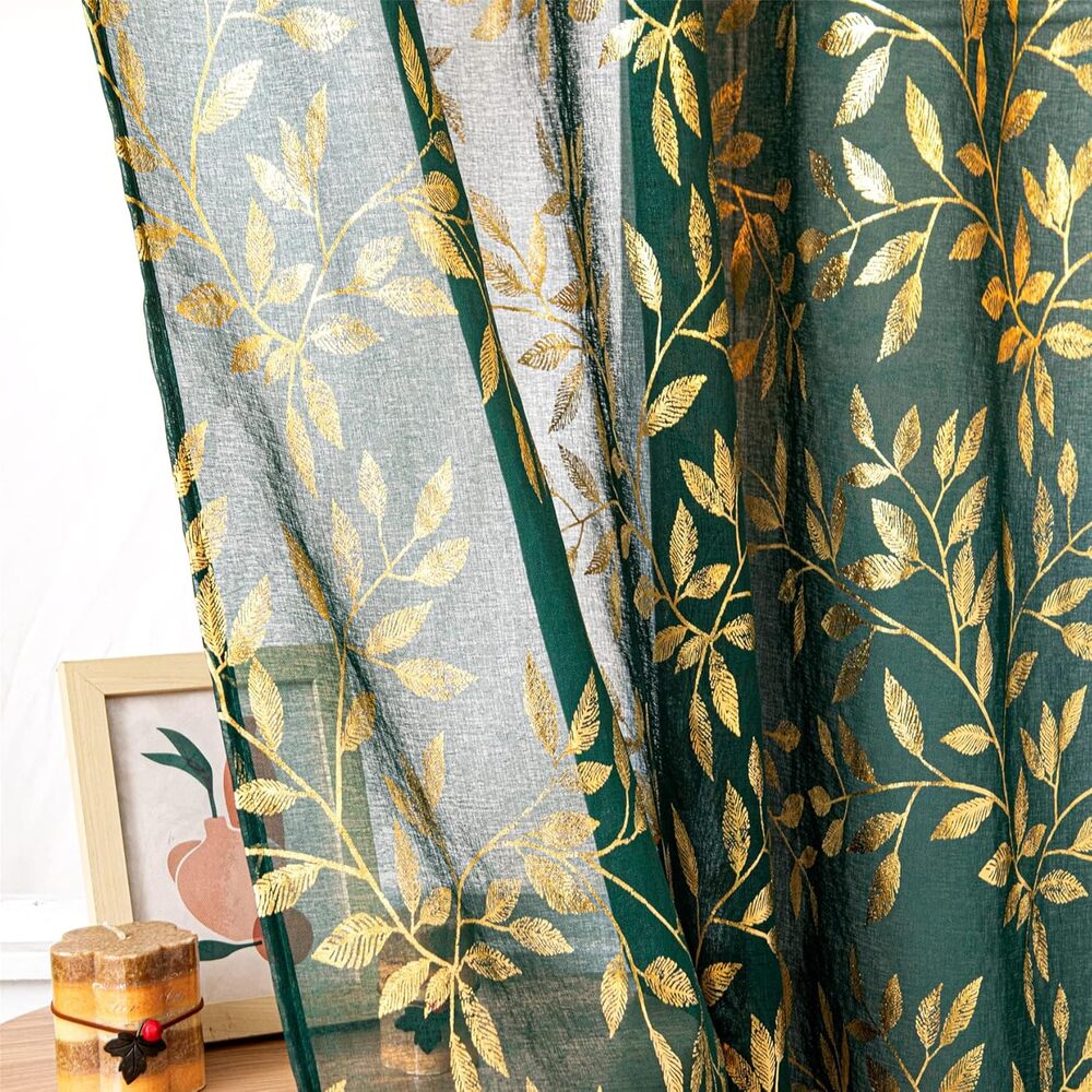 New Emerald Green and Gold Sheer Floral Curtain Panels(2) 108 inches Long